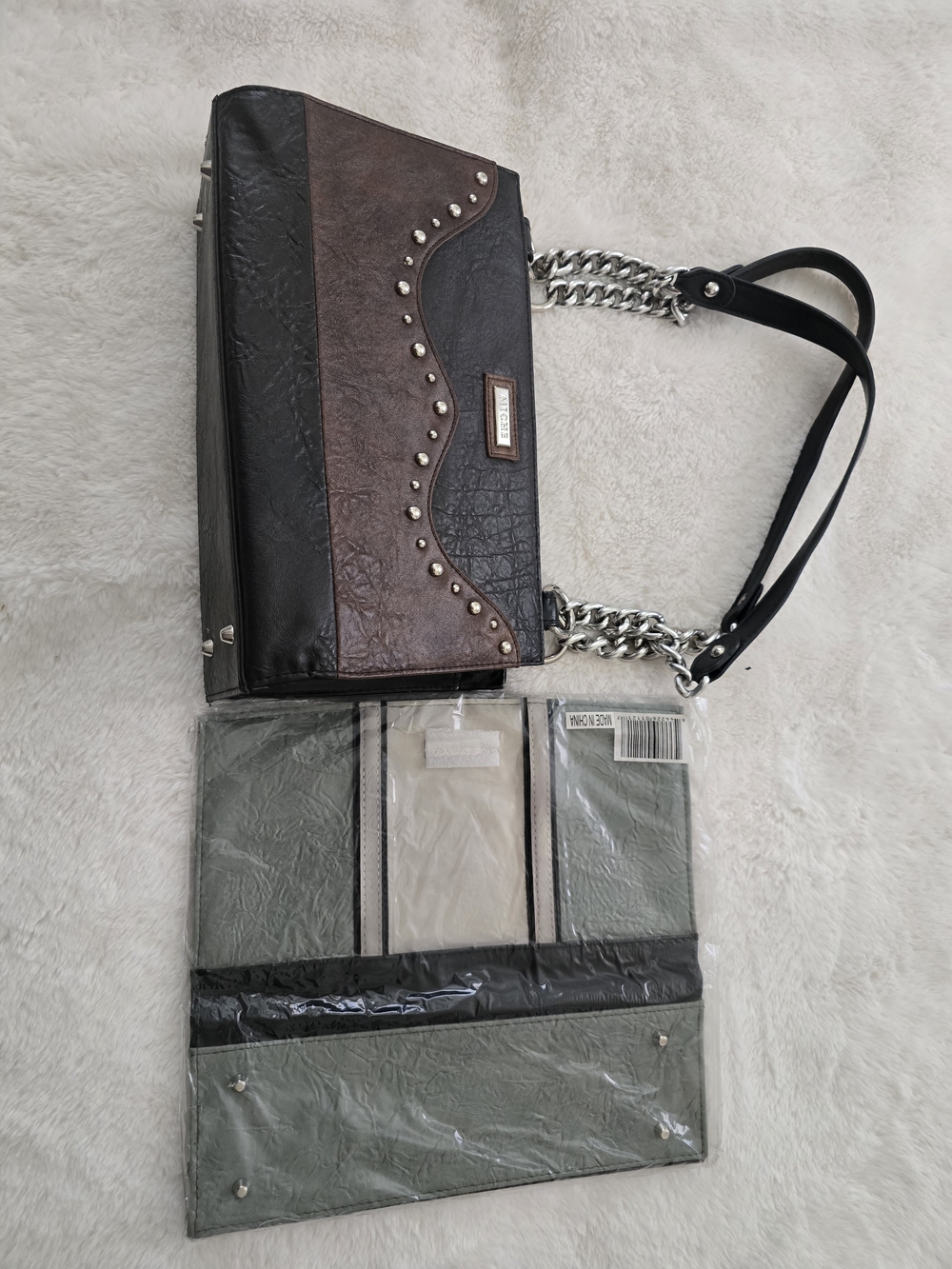 Miche Brown and Black Mini Shoulder Bag with Studded Scallop Detail